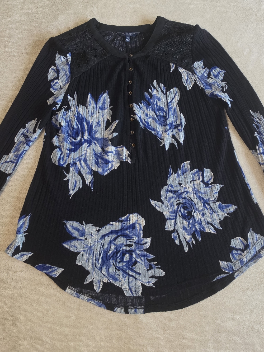 Lucky Brand Black Long-Sleeve Henley with Blue Floral Print